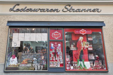 Mozart traditional sweets and souvenirs store in Salzburg, Austria.