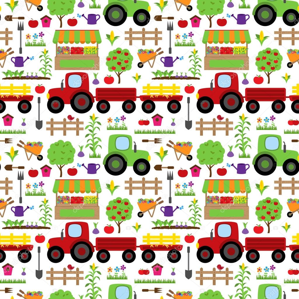 Seamless, Tileable Farming or Gardening Themed Vector Background Pattern