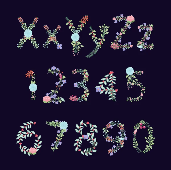 Alfabeto floral vectorial de estilo vintage con letras mayúsculas y minúsculas, y números — Archivo Imágenes Vectoriales