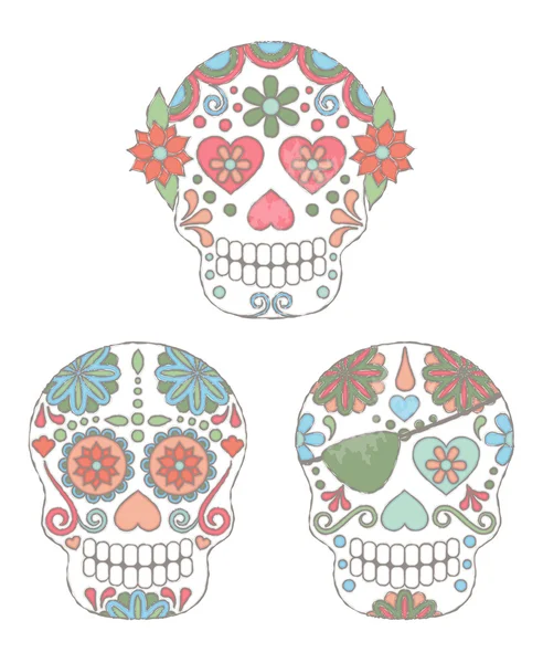 Vector Set of Watercolor Style Day of the Dead Skulls or Sugar Skulls — Stock Vector