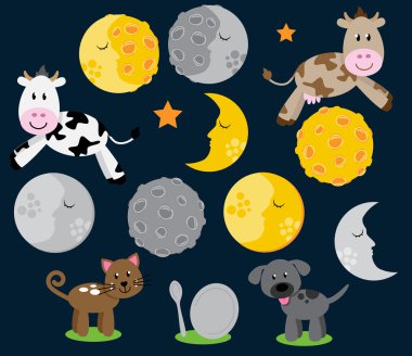 Hey Diddle Diddle Nursery Rhyme Landscape with Cow Jumping Over the Moon clipart