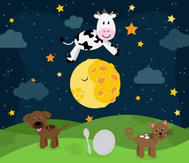 Hey Diddle Diddle Nursery Rhyme Landscape with Cow Jumping Over the Moon clipart