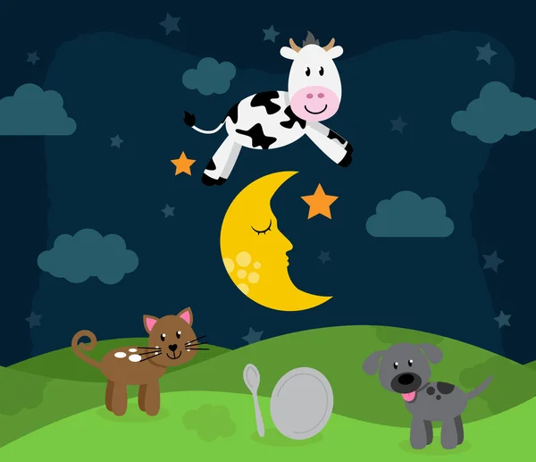 Hey Diddle Diddle Nursery Paesaggio in rima con mucca che salta sopra la luna — Vettoriale Stock