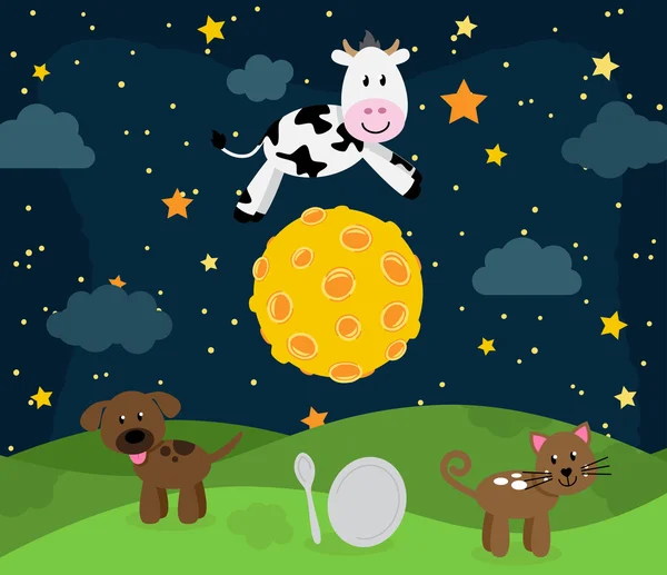 Diddle Diddle Nursery Rhyme Paisagem com Vaca saltando sobre a Lua — Vetor de Stock