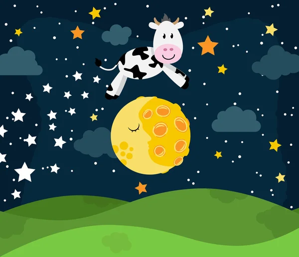 Hey Diddle Diddle Nursery Rhyme Landscape with Cow Jumping Over the Moon — Stock Vector