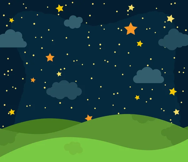 Cute Vector Nighttime Landscape with Rolling Hills, Stars and Clouds — Stock Vector