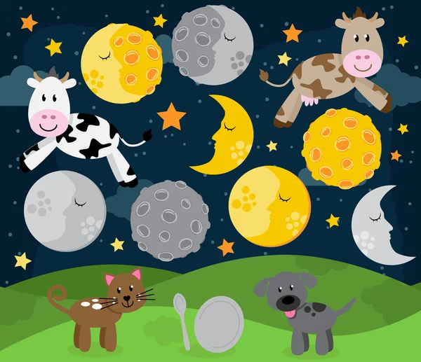 Hey diddle diddle kindergarten reim landschaft mit kuh, die über den mond springt — Stockvektor