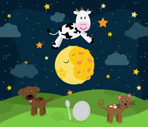 Diddle Diddle Nursery Rhyme Paisagem com Vaca saltando sobre a Lua — Vetor de Stock