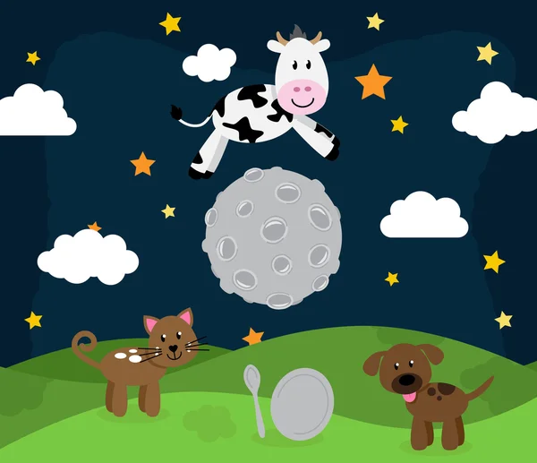 Hey Diddle Diddle Nursery Rhyme Landscape with Cow Jumping Over the Moon — Stock Vector