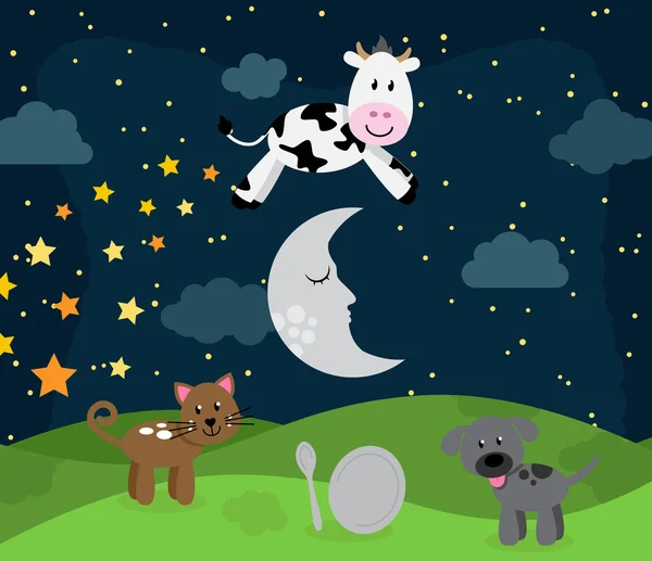 Hey Diddle Diddle Nursery Rhyme Landscape with Cow Jumping Over the Moon — Stock Vector