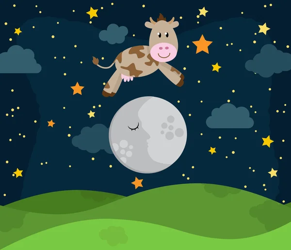 Hey Diddle Diddle vivero rima paisaje con la vaca saltando sobre la luna — Archivo Imágenes Vectoriales