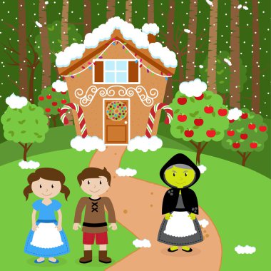 Masal Hansel ve Gretel, cadı ve bir tatil kurabiye evi ile vektör sahne