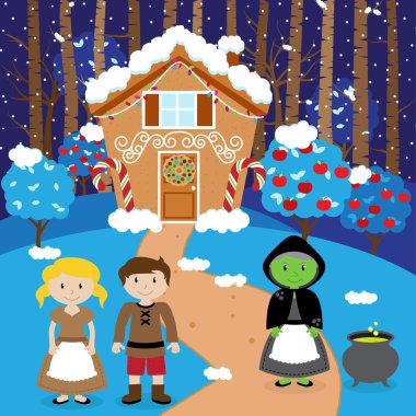 Masal Hansel ve Gretel, cadı ve bir tatil kurabiye evi ile vektör sahne