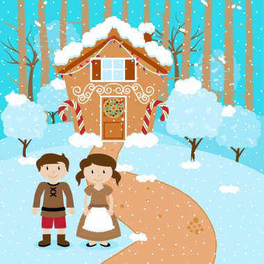 Ayarla, Hansel ve Gretel, çocuk veya karı koca masal kurabiye evi önünde vektör