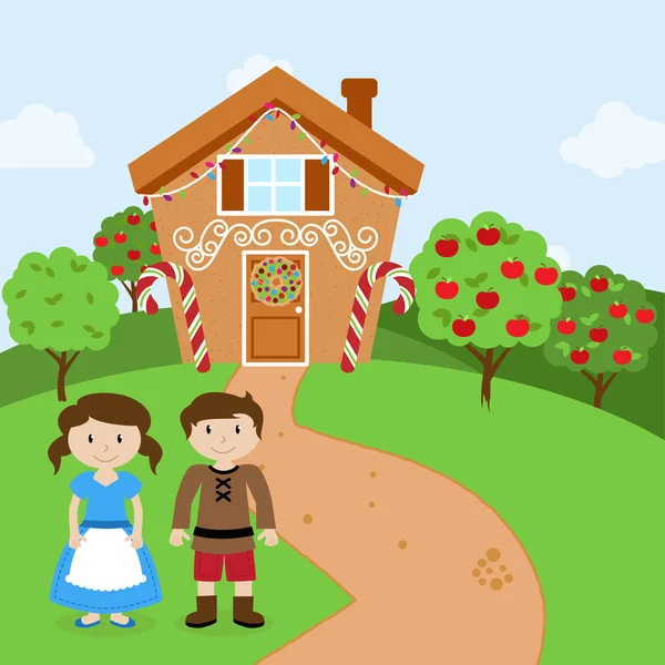 Vector Set of Hansel and Gretel, Children or Husband and Wife in front of Fairytale Gingerbread House — Stock Vector