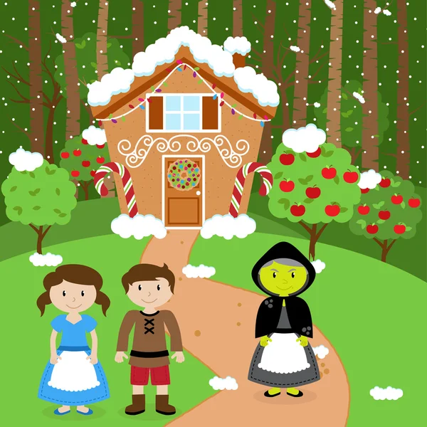 Fairy Tale Vector Scene with Hansel and Gretel, the Witch, and a Holiday Gingerbread House — Stock Vector