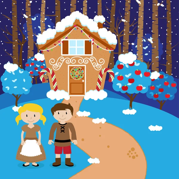 Conjunto de Vetores de Hansel e Gretel, Filhos ou Marido e Esposa em frente a Fairytale Gingerbread House — Vetor de Stock