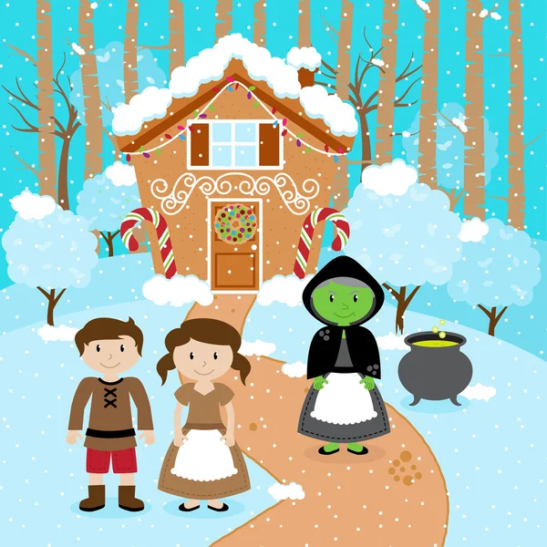 Scène vectorielle de conte de fées avec Hansel et Gretel, la sorcière, et une maison de pain d'épice de vacances — Image vectorielle