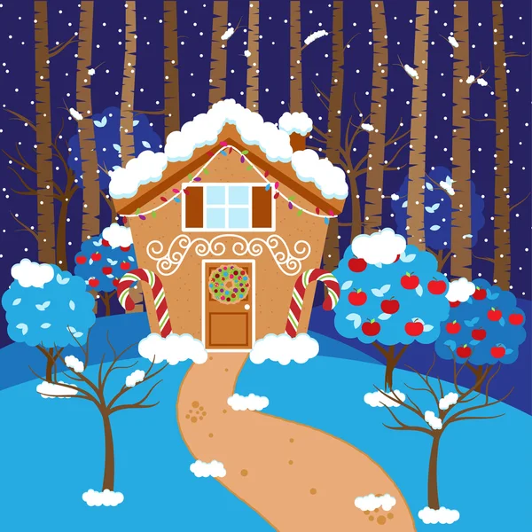 Cute Vector Background with Holiday Gingerbread House, Snow and Forest — Stock Vector