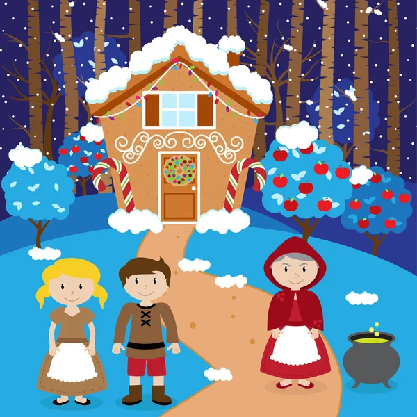 Fairy Tale Vector Scene with Hansel and Gretel, the Witch, and a Holiday Gingerbread House — Stock Vector