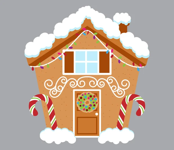 Linda casa de jengibre cubierta de nieve y decorada con caramelo y hielo — Archivo Imágenes Vectoriales