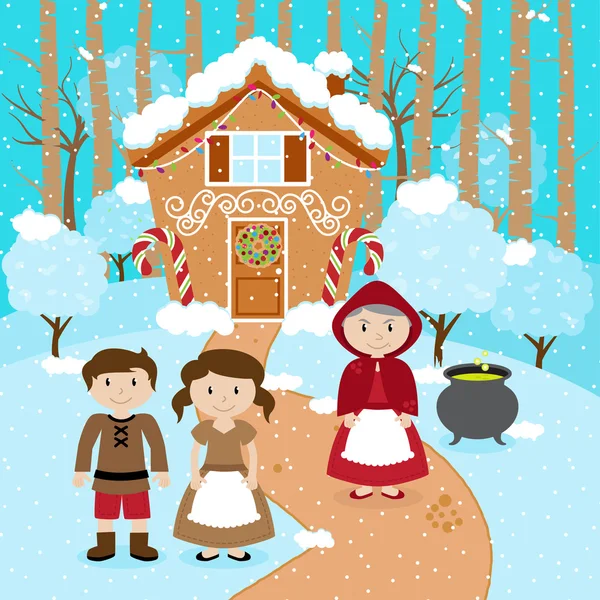 Scène vectorielle de conte de fées avec Hansel et Gretel, la sorcière, et une maison de pain d'épice de vacances — Image vectorielle