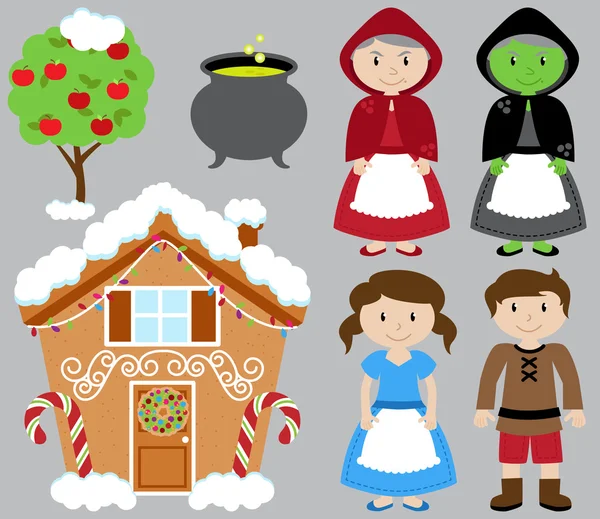 Hansel and Gretel Vector Collection with Witch and Gingerbread House — Stock Vector