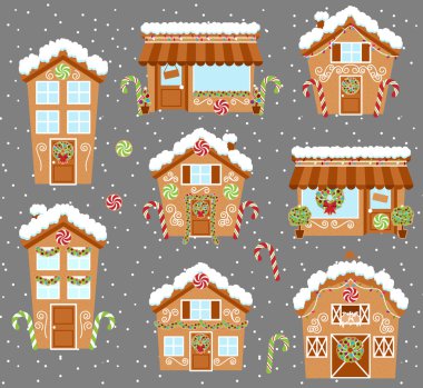 Sevimli vektör tatil gösterişli evler, dükkanlar ve diğer binalar ile kar kümesi
