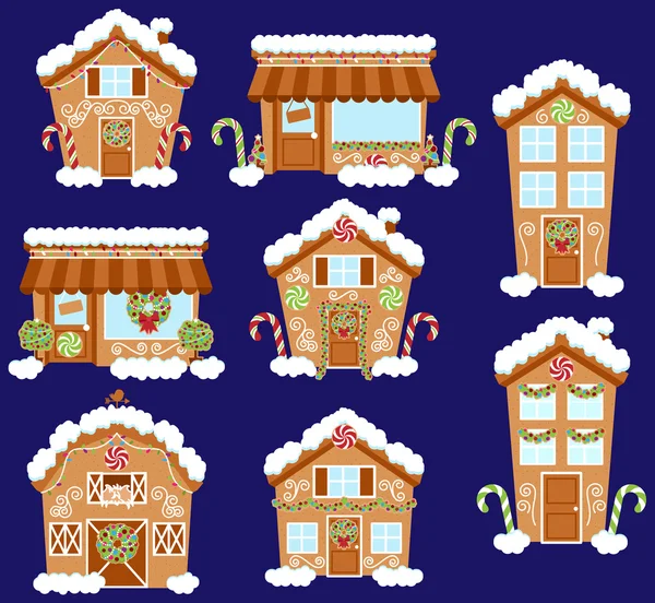 Conjunto de lindas casas de pan de jengibre de vacaciones vectorial, tiendas y otros edificios con nieve — Archivo Imágenes Vectoriales