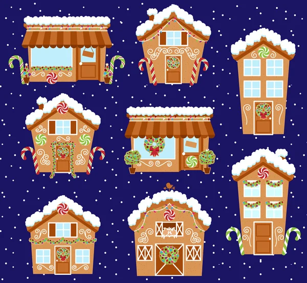 Conjunto de lindas casas de pan de jengibre de vacaciones vectorial, tiendas y otros edificios con nieve — Archivo Imágenes Vectoriales