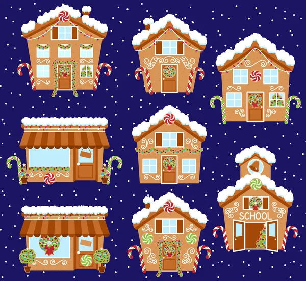 Conjunto de casas bonito Vector Holiday Gingerbread, lojas e outros edifícios com neve — Vetor de Stock