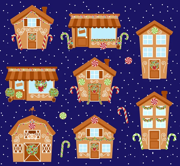 Conjunto de lindas casas de pan de jengibre de vacaciones vectorial, tiendas y otros edificios con nieve — Vector de stock