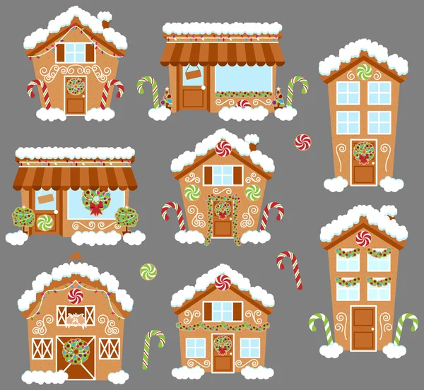 Conjunto de lindas casas de pan de jengibre de vacaciones vectorial, tiendas y otros edificios con nieve — Archivo Imágenes Vectoriales