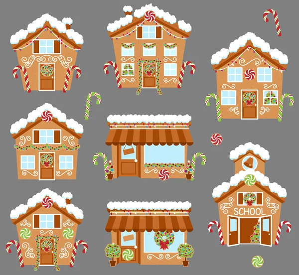 Conjunto de casas bonito Vector Holiday Gingerbread, lojas e outros edifícios com neve — Vetor de Stock