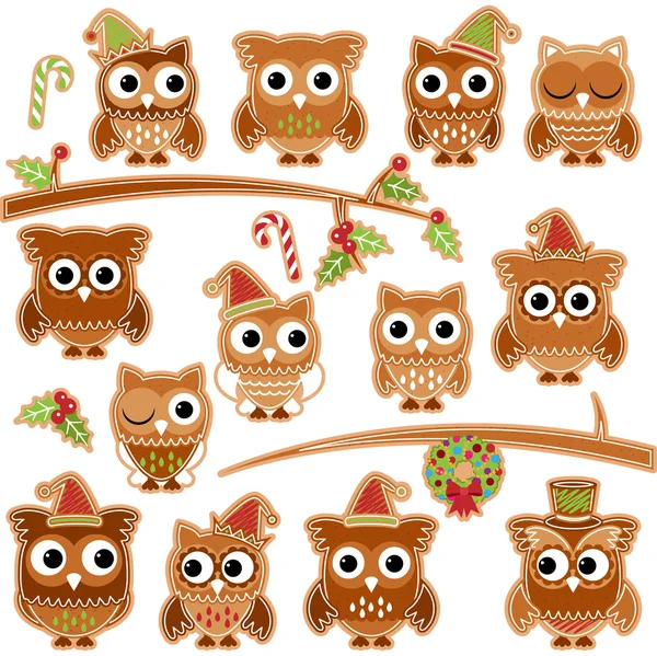 Christmas Holiday Gingerbread Cookie Owls in Vector Format — Stock Vector