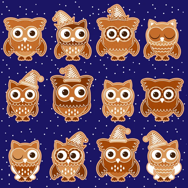 Noël vacances pain d'épice Cookie Owls en format vectoriel — Image vectorielle