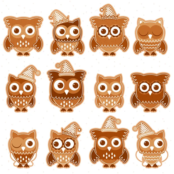 Christmas Holiday Gingerbread Cookie Owls in Vector Format — Stock Vector