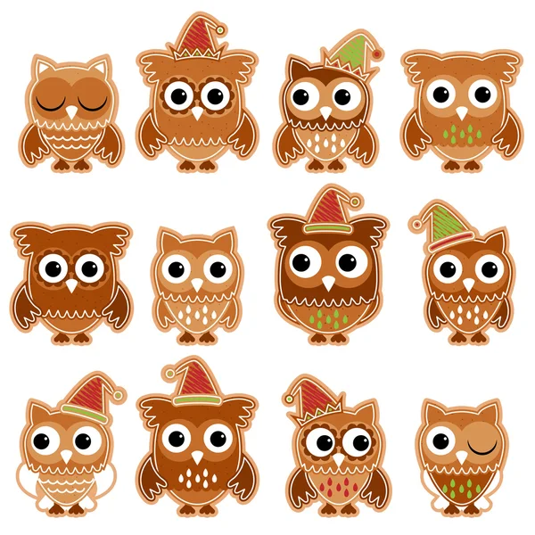 Christmas Holiday Gingerbread Cookie Owls in Vector Format — Stock Vector