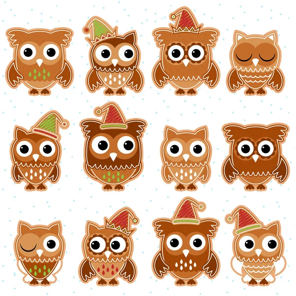 Christmas Holiday Gingerbread Cookie Owls in Vector Format — Stock Vector