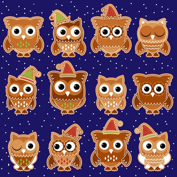 Christmas Holiday Gingerbread Cookie Owls in Vector Format — Stock Vector