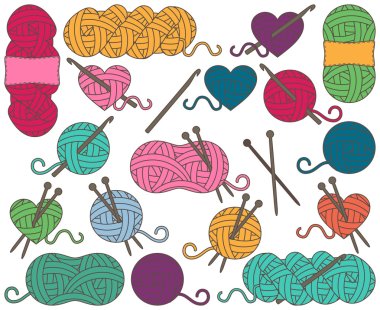 Cute Vector Collection of Balls of Yarn, Skeins of Yarn or Thread for Knitting and Crochet