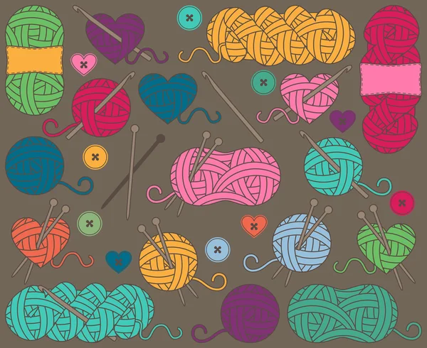 編みとかぎ針編みの糸のボール、毛糸や糸のかせのかわいいベクトル コレクション — ストックベクタ