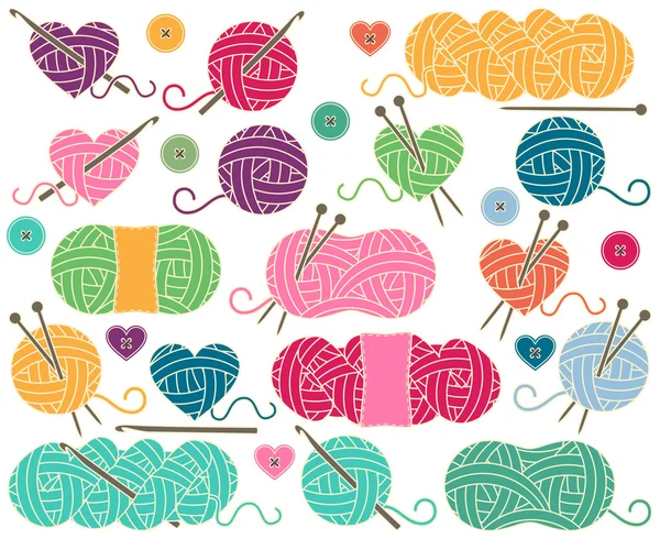 Cute Vector Collection of Balls of Yarn, Skeins of Yarn or Thread for Knitting and Crochet — Stock Vector