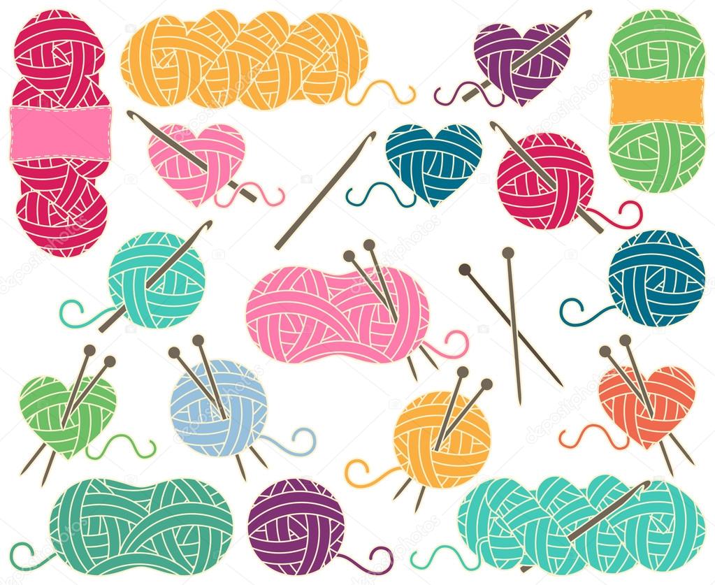 Cute Vector Collection of Balls of Yarn, Skeins of Yarn or Thread for Knitting and Crochet