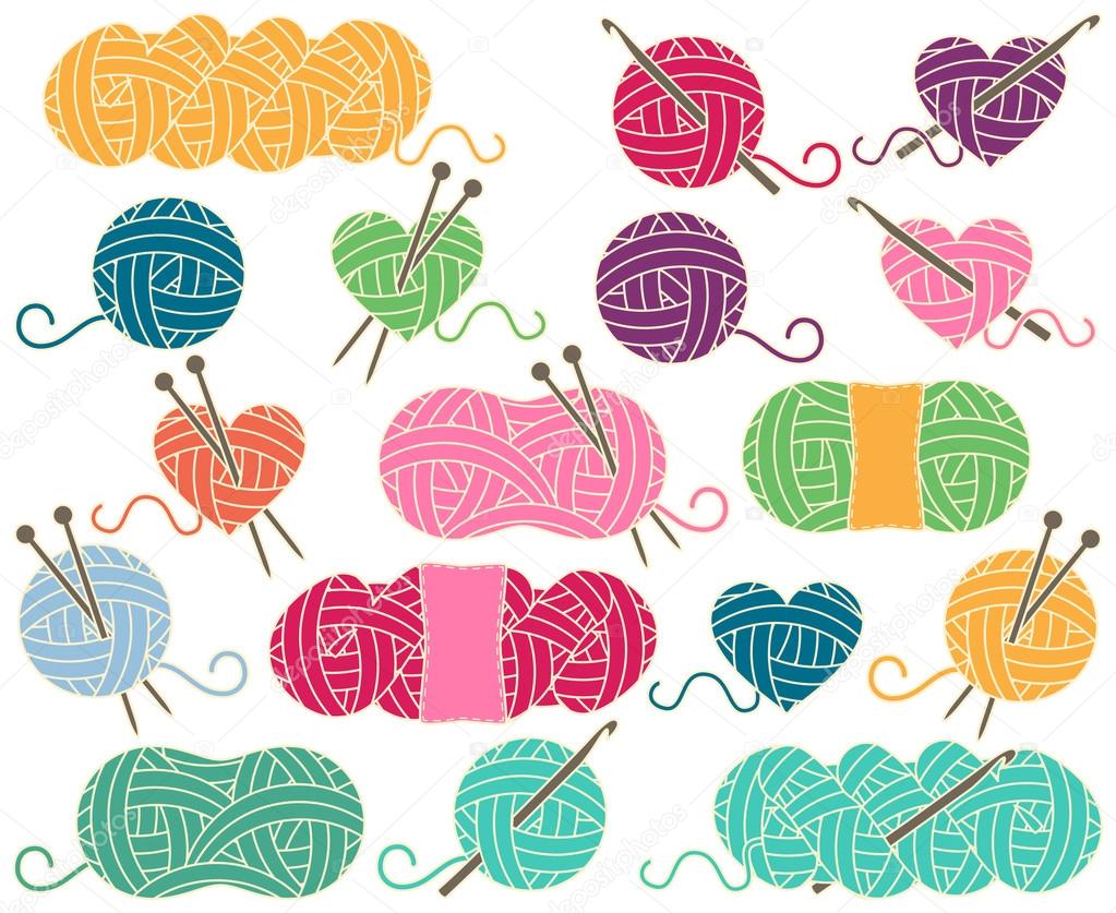 Cute Vector Collection of Balls of Yarn, Skeins of Yarn or Thread for