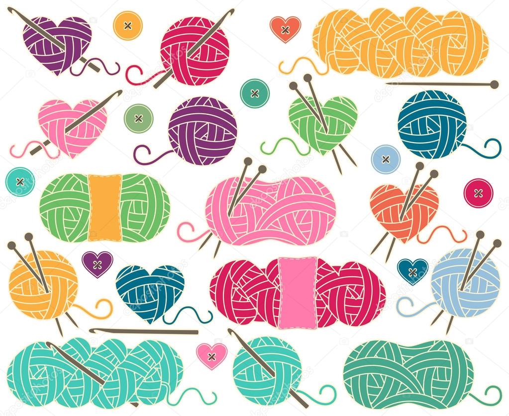 Cute Vector Collection of Balls of Yarn, Skeins of Yarn or Thread for Knitting and Crochet