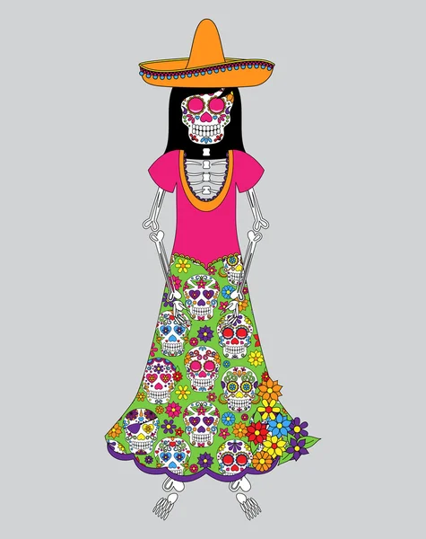 Día de los Muertos o Esqueleto de Halloween Mujer en Formato Vector — Vector de stock