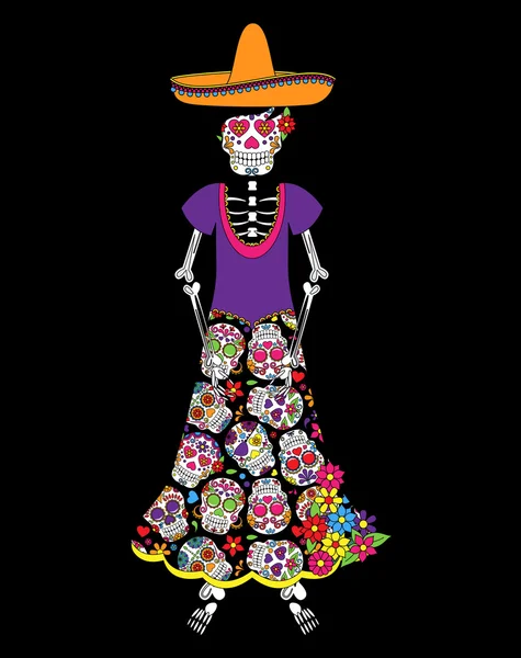Día de los Muertos o Esqueleto de Halloween Mujer en Formato Vector — Archivo Imágenes Vectoriales