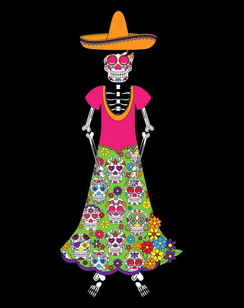 Día de los Muertos o Esqueleto de Halloween Mujer en Formato Vector — Vector de stock