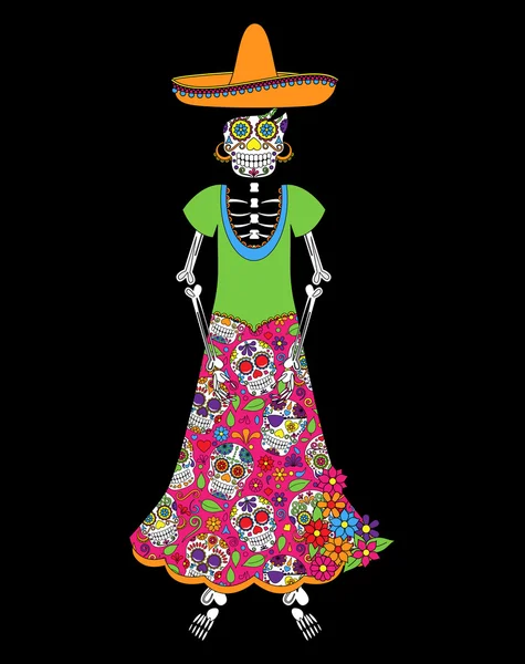 День мертвеца или Хэллоуин скелет женщины в векторе — стоковый вектор